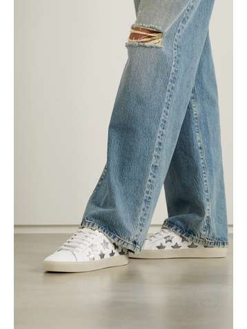 SAINT LAURENT Court Classic appliquéd metallic-trimmed leather sneakers