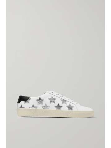 SAINT LAURENT Court Classic appliquéd metallic-trimmed leather sneakers