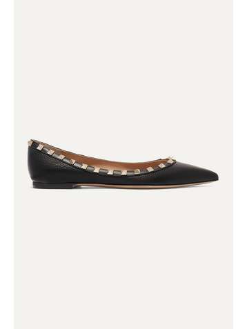 VALENTINO Valentino Garavani Rockstud textured-leather point-toe flats