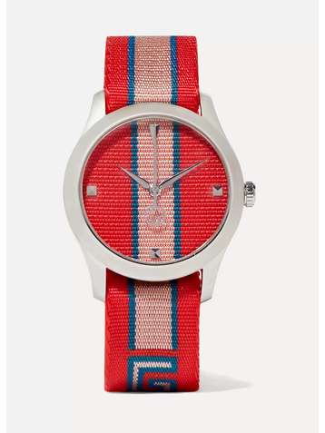 GUCCI Striped canvas and stainless steel watch
