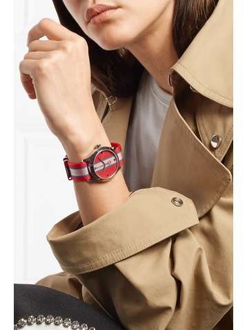 GUCCI Striped canvas and stainless steel watch