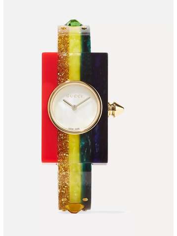 GUCCI Embellished Plexiglas and gold-tone watch