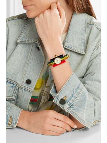 GUCCI Embellished Plexiglas and gold-tone watch