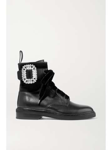 ROGER VIVIER Viv Rangers crystal-embellished paneled leather and suede ankle boots