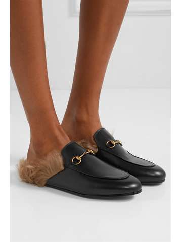 GUCCI Princetown horsebit-detailed shearling-lined leather slippers