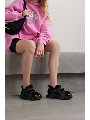 BALENCIAGA Sandales en cuir et en caoutchouc doublées de fourrure synthétique