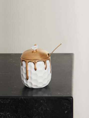 L'OBJET Beehive gold-plated porcelain honeypot and spoon
