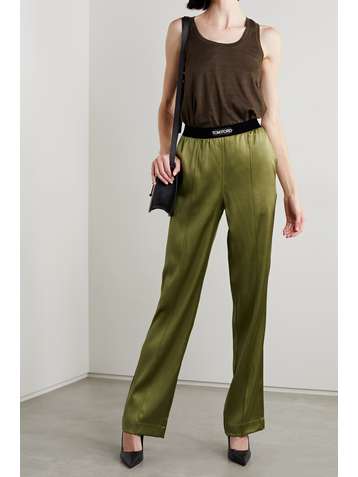 TOM FORD Velvet-trimmed stretch-silk satin pants