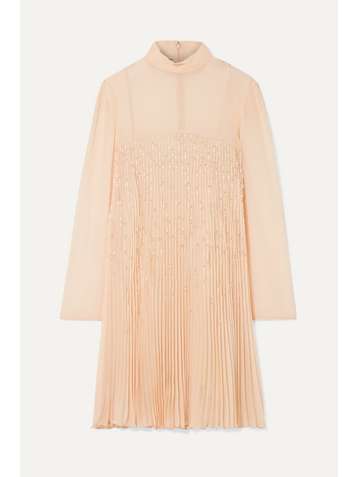 PRADA Crystal-embellished plissé-georgette mini dress