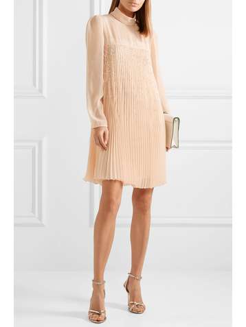 PRADA Crystal-embellished plissé-georgette mini dress