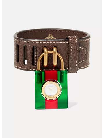 GUCCI Textured-leather, Plexiglas, mother-of-pearl and gold-plated watch