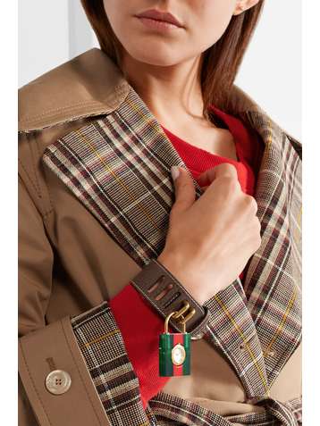 GUCCI Textured-leather, Plexiglas, mother-of-pearl and gold-plated watch
