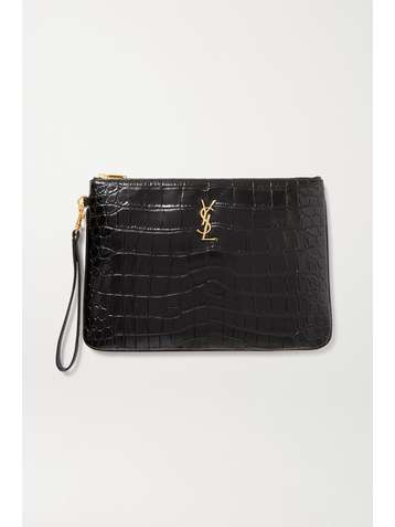 SAINT LAURENT Monogramme croc-effect leather pouch