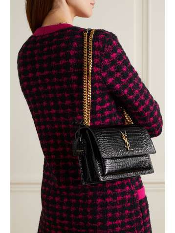 SAINT LAURENT Sac porté épaule en cuir verni effet croco Sunset Small