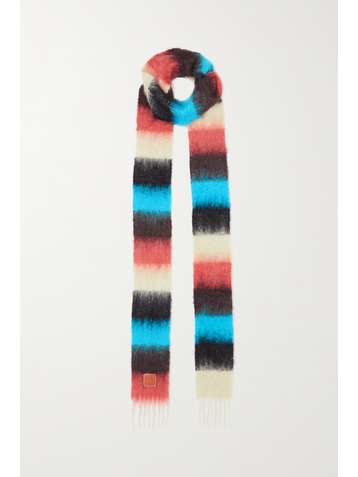 LOEWE Leather-trimmed fringed striped mohair-blend scarf