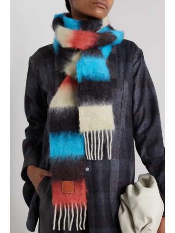 LOEWE Leather-trimmed fringed striped mohair-blend scarf