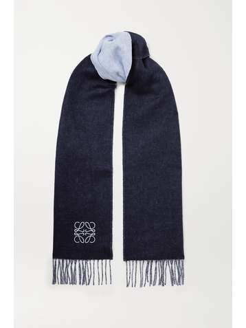 LOEWE Fringed embroidered two-tone wool and cashmere-blend scarf