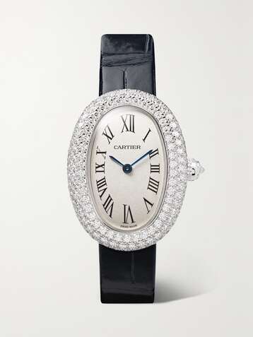 CARTIER Baignoire 1920 26mm small rhodium-finish 18-karat white gold, alligator and diamond watch