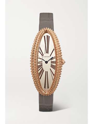 CARTIER Baignoire Allongée 47mm medium 18-karat rose gold, alligator and diamond watch