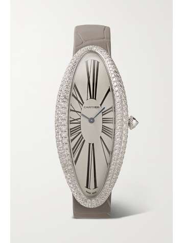 CARTIER Baignoire Allongée Automatic 23mm extra large rhodium-finished 18-karat white gold, alligator and diamond watch