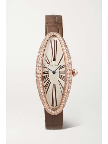 CARTIER Baignoire Allongée 21mm medium 18-karat pink gold, alligator and diamond watch
