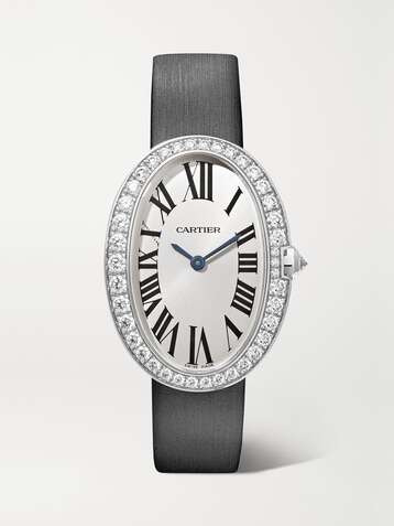 CARTIER Montre en or gris 18 carats (750/1000) rhodié et diamants à bracelet en toile brossée Baignoire Small 24,5 mm