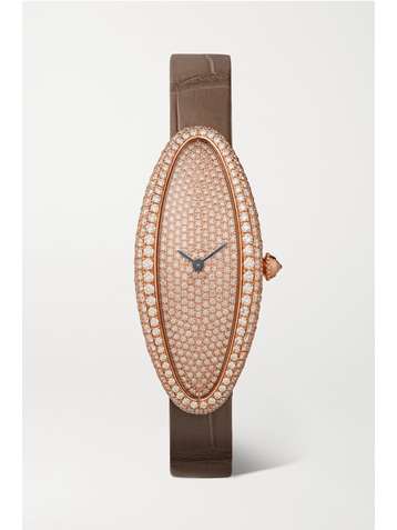 CARTIER Baignoire Allongée 21mm medium 18-karat rose gold, alligator and diamond watch