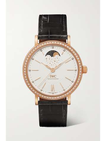 IWC SCHAFFHAUSEN Portofino Automatic Moon Phase 37mm 18-karat gold, alligator and diamond watch