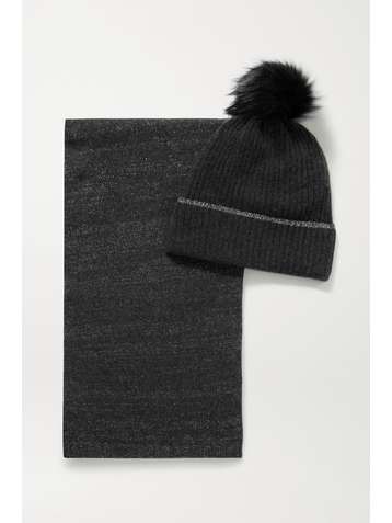 PORTOLANO Faux fur-trimmed metallic cashmere-blend beanie and scarf set