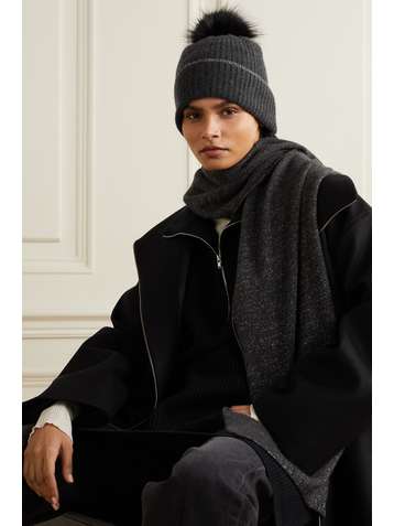 PORTOLANO Faux fur-trimmed metallic cashmere-blend beanie and scarf set
