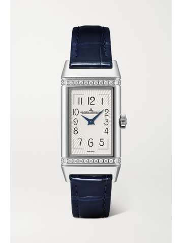 JAEGER-LECOULTRE Montre en acier inoxydable et diamants à bracelet en alligator Reverso One Medium 20 mm