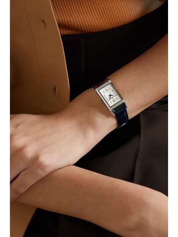 JAEGER-LECOULTRE Montre en acier inoxydable et diamants à bracelet en alligator Reverso One Medium 20 mm