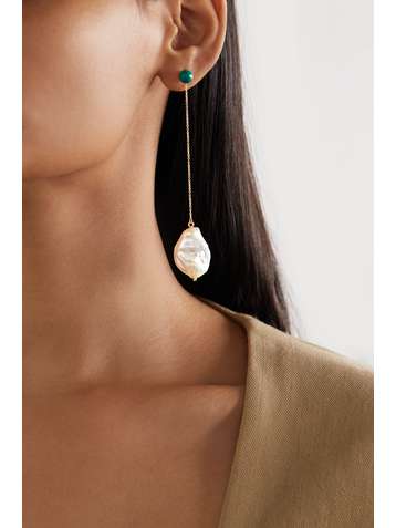MATEO Duality 14-karat gold pearl and malachite earrings