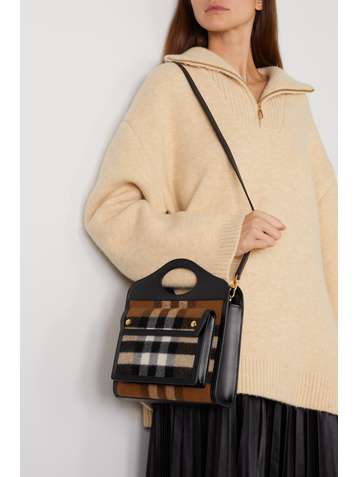 BURBERRY Leather-trimmed checked cashmere tote
