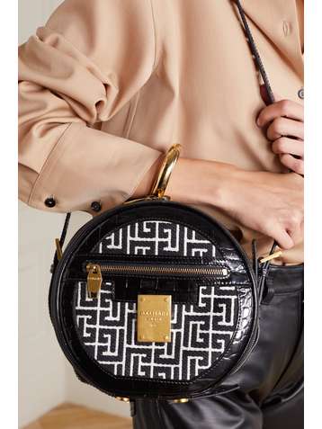 BALMAIN Hatbox small croc-effect leather and jacquard shoulder bag