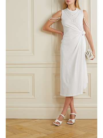 ROSIE ASSOULIN Faux pearl-embellished knotted cotton-jersey midi dress