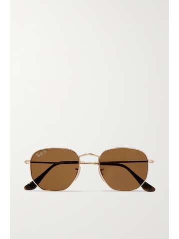 RAY-BAN Hexagon-frame polarized gold-tone sunglasses