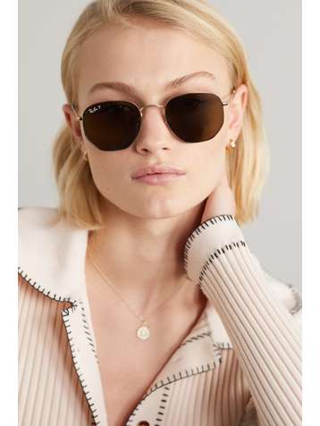 RAY-BAN Hexagon-frame polarized gold-tone sunglasses