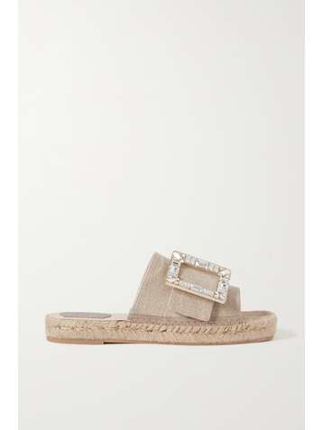 ROGER VIVIER Crystal-embellished buckled canvas espadrille slides