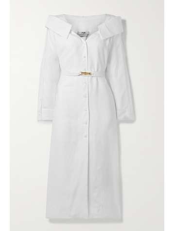 FENDI Off-the-shoulder belted linen-voile midi shirt dress