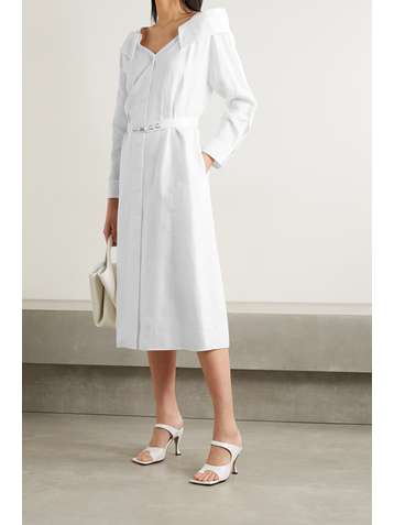 FENDI Off-the-shoulder belted linen-voile midi shirt dress