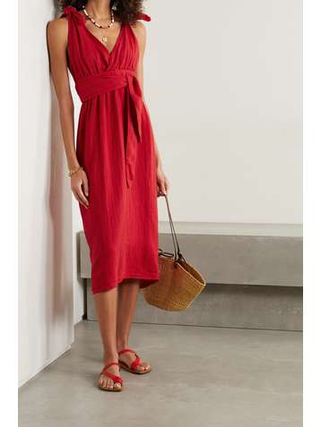 MARA HOFFMAN Calypso belted striped linen and TENCEL Lyocell-blend midi dress