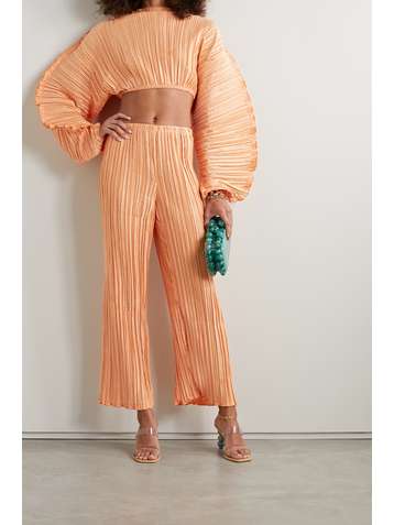 CULT GAIA Mala cropped ruffled plissé-satin top