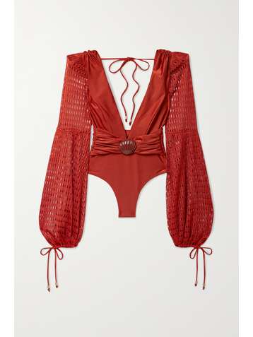 PATBO Embellished crochet-paneled swimsuit
