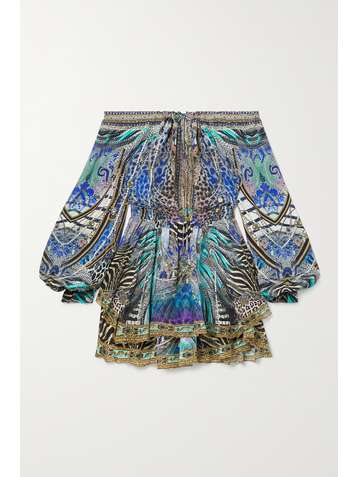 CAMILLA Off-the-shoulder crystal-embellished printed silk-chiffon mini dress