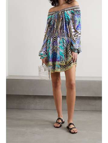 CAMILLA Off-the-shoulder crystal-embellished printed silk-chiffon mini dress