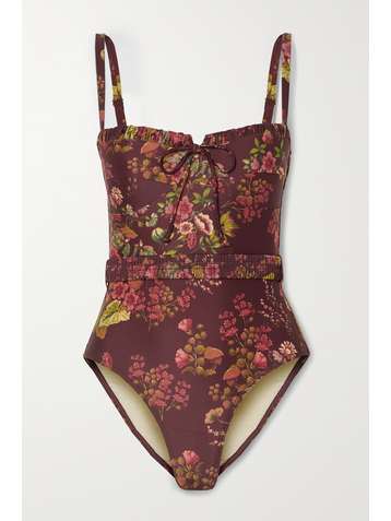 PEONY + NET SUSTAIN belted ruffled floral-print stretch-ECONYL swimsuit