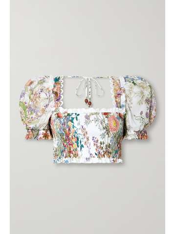 CHARO RUIZ Judy cropped picot-trimmed shirred floral-print cotton top