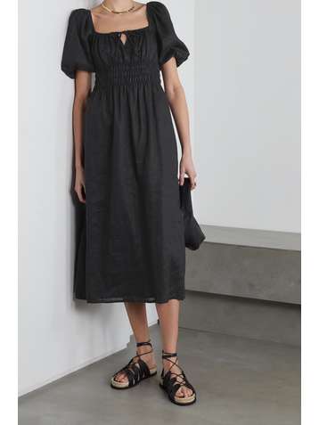 FAITHFULL THE BRAND + NET SUSTAIN Maurelle tie-detailed shirred linen midi dress