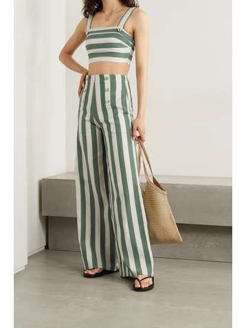 MIGUELINA Serafina button-embellished striped cotton-twill wide-leg pants